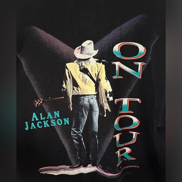 VINTAGE Alan Jackson Shirt L On Tour Concert Black Turquoise Trim 1994 - Picture 7 of 8